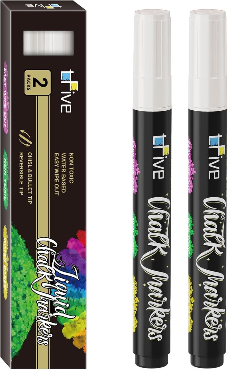 TFIVE White Liquid Chalk Markers - 2 Pack Bright Colors Erasable Chalk Marker Pens, Reversible Tip, Non-Toxic, for Chalkboards, Signs, Glass, Easy to use Chalk markers TF800 - Image 1